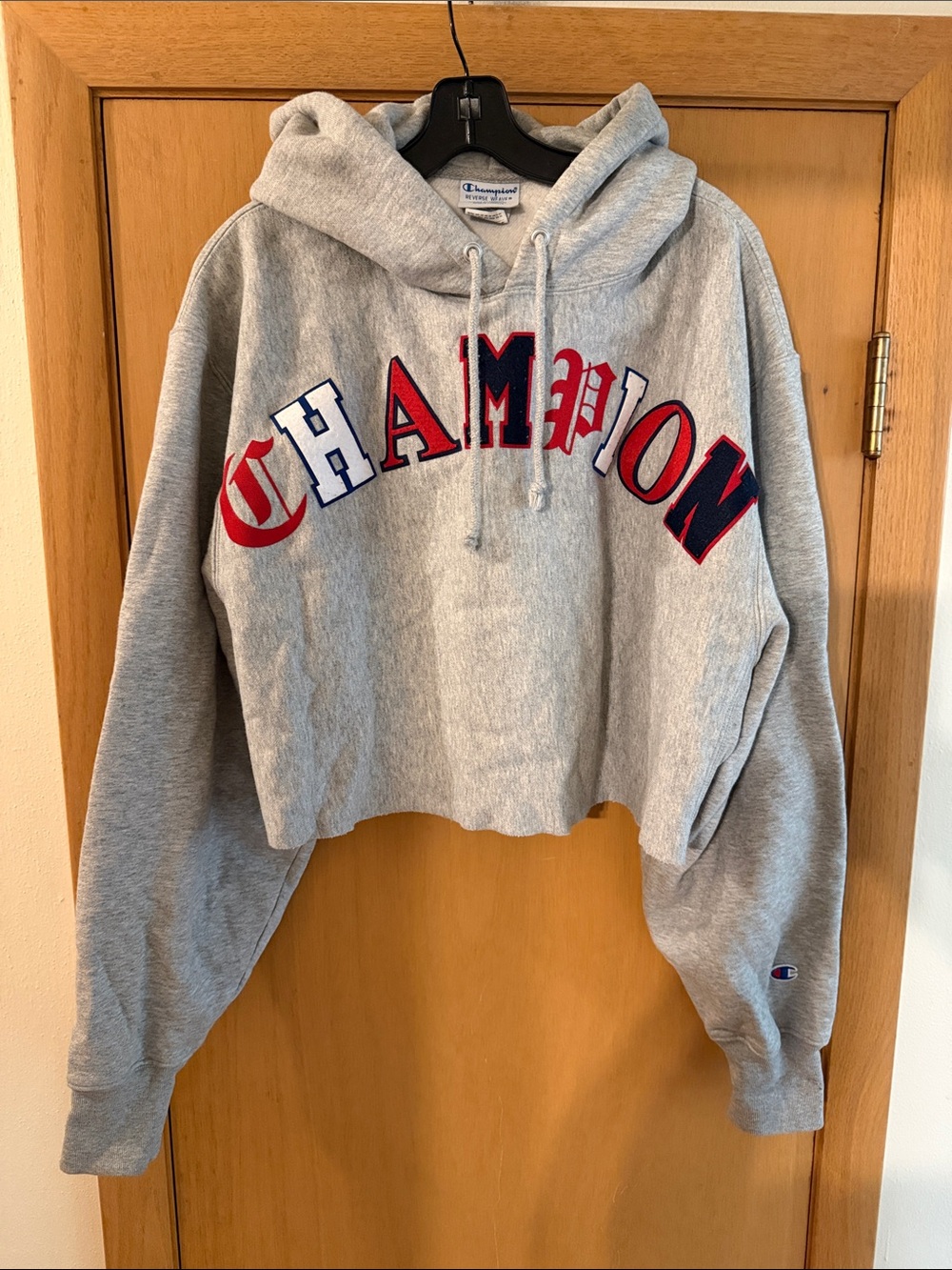 Champion Women’s Reverse Weave Spellout Cropped Hoodie Gray Red Size 2XL